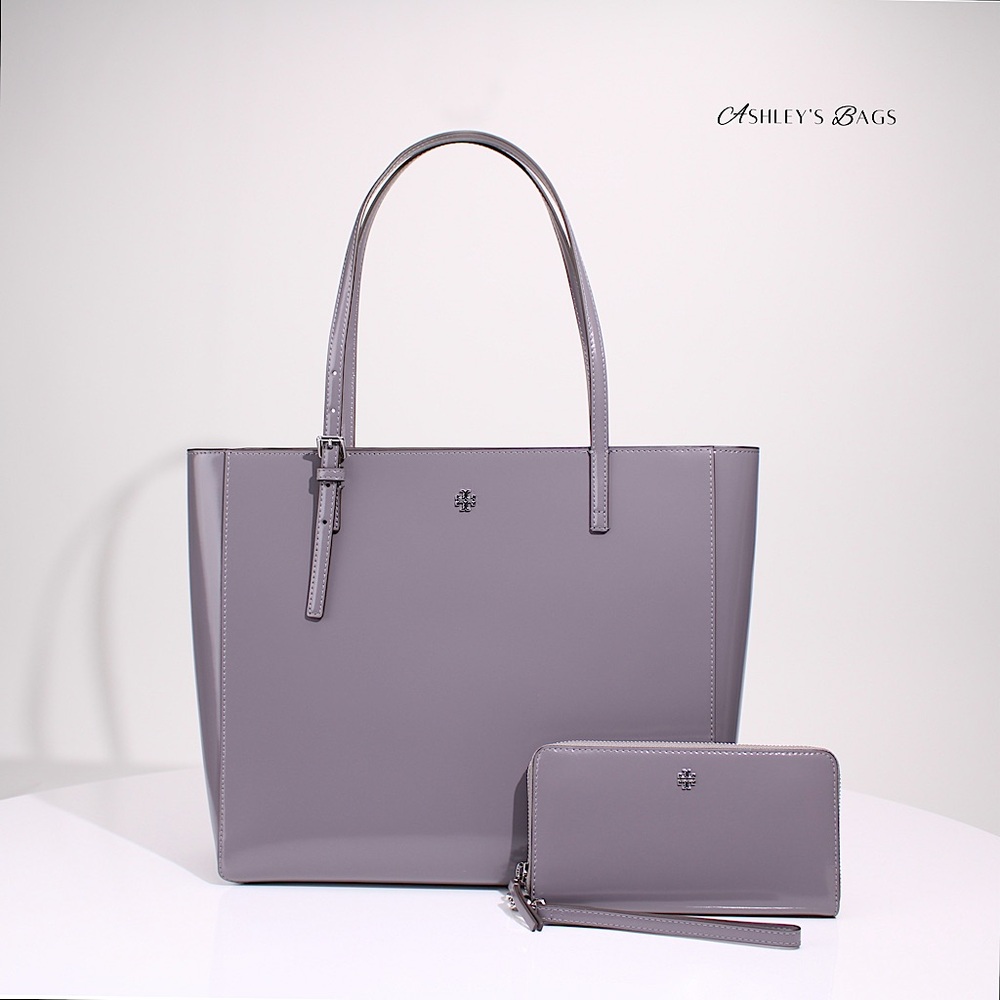 Tory Burch Large Patent Leather Emerson Tote & Continental Wristlet Wallet Grey